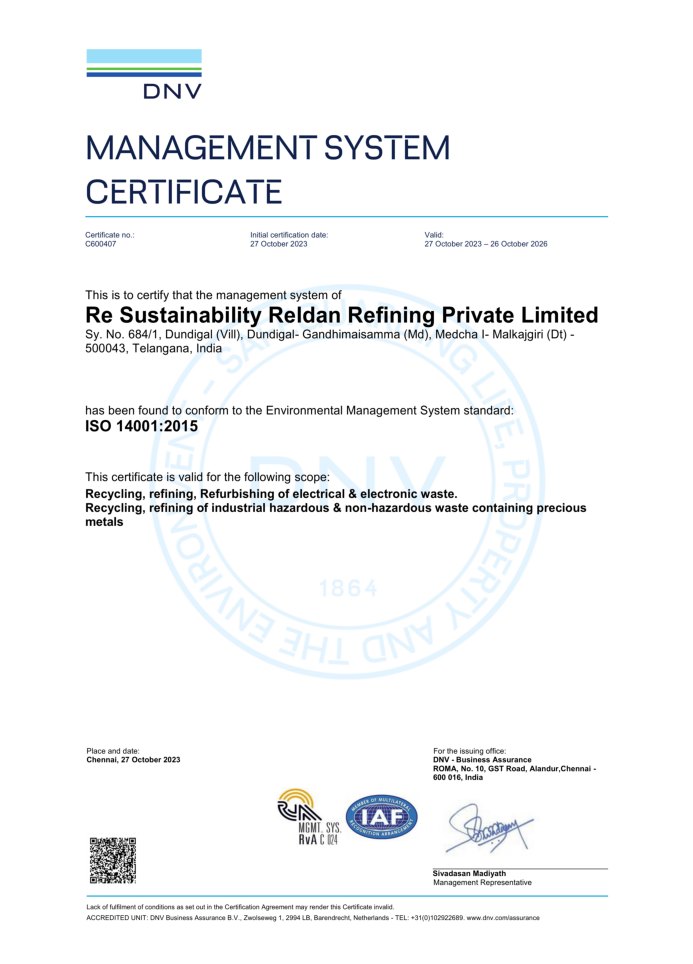 DNV ISO 14001:2015, Re Sustainability Reldan Refining Private Limited