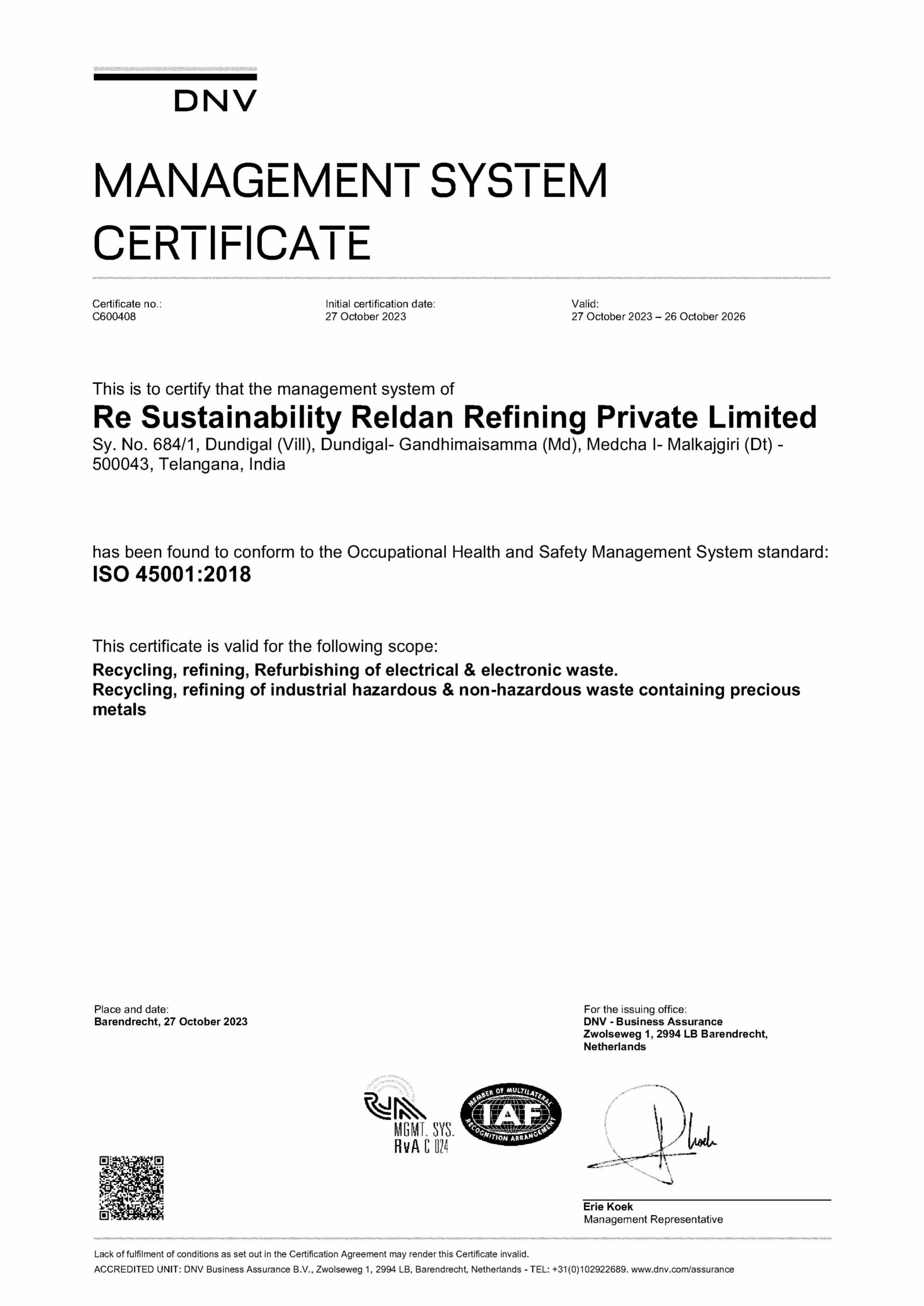 Health and safety management system