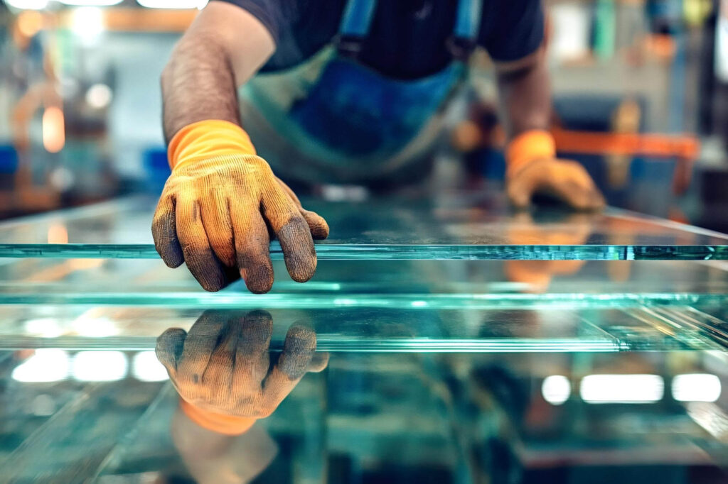 Worker handling glass sheets carefully.